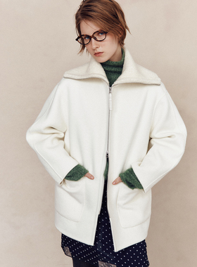 【荃能选手】1OO%绵羊毛 可调节拉链高领皮革拼接廓形双面呢外套