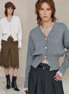 【高智风穿搭】高端定制羊毛纱线 女人味蕾丝拼接针织开衫毛衣女