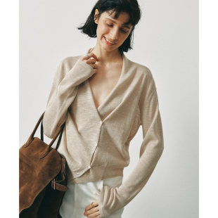 【长期主义】定制纱线 交叠式V领裹身式系带长袖针织开衫上衣女