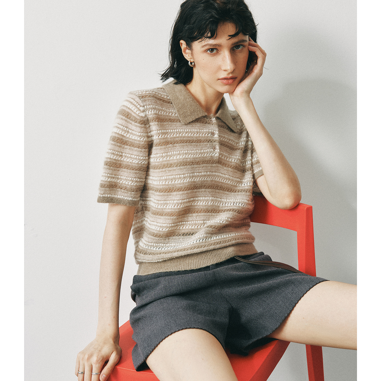 镂空钩花POLO领条纹针织衫上衣