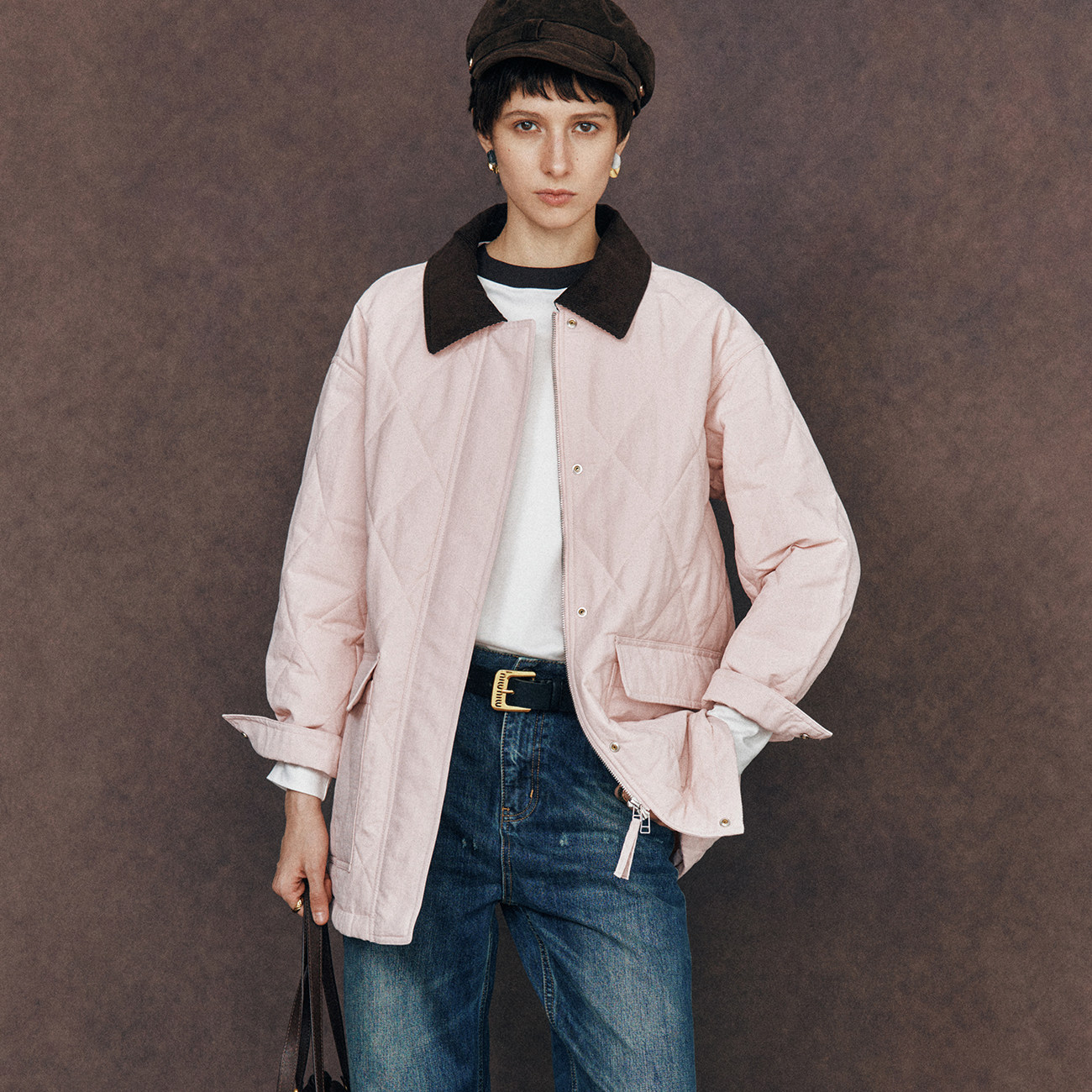 巴恩风灯芯绒领绗缝棉服外套