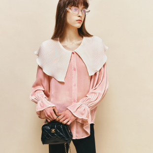 古典美人 天鹅绒衬衫 真丝丝绒 复古压褶荷叶边花瓣袖 衬衣 法式