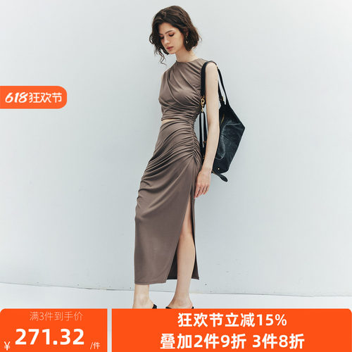 现货【红毯系列】解构设计 土澳小众圆领无袖镂空露腰褶皱连衣裙