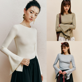 微醺甜酒 修身 面膜肤感 圆领喇叭袖 显瘦罗纹针织打底衫 自留款
