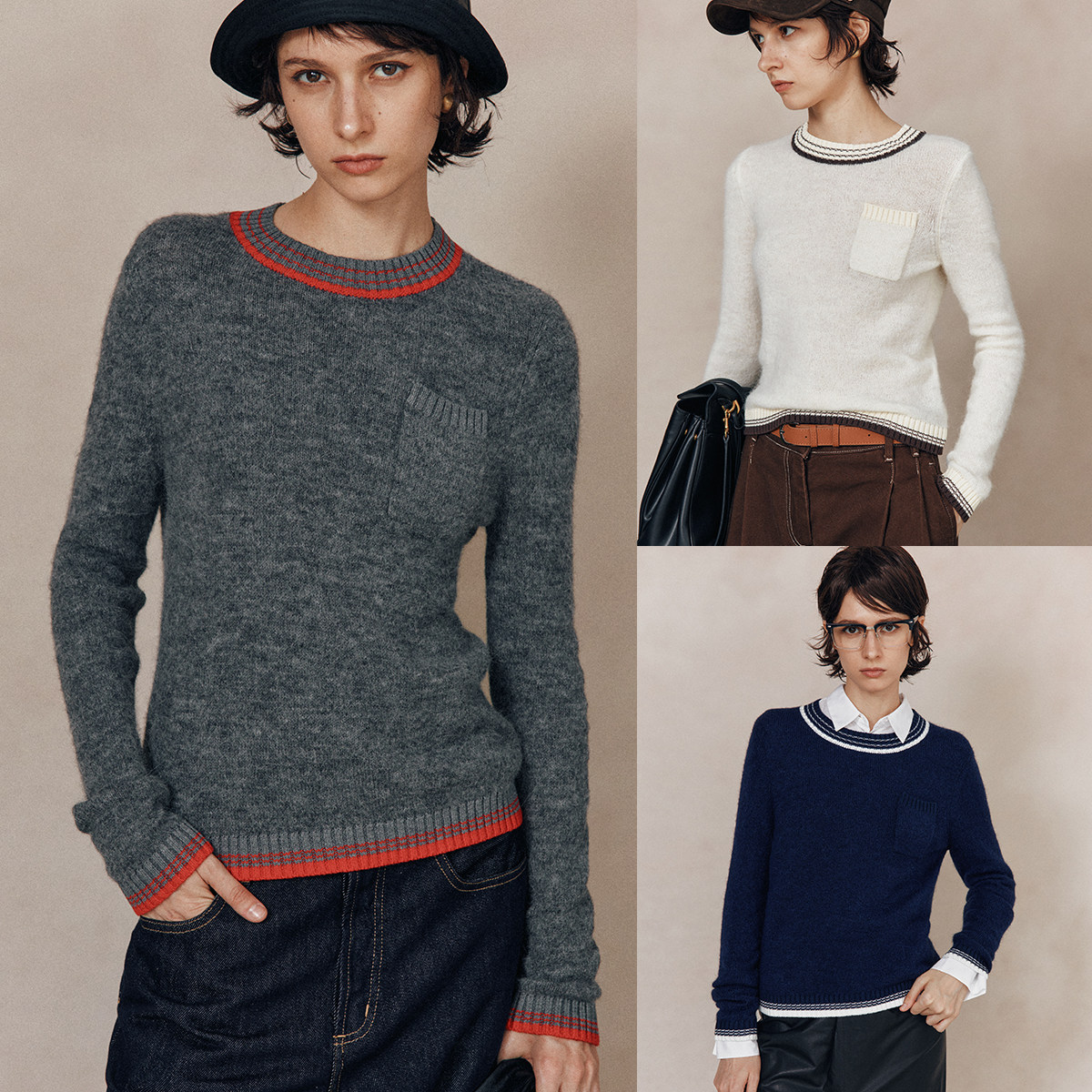 撞色条纹圆领长袖针织衫套头毛衣