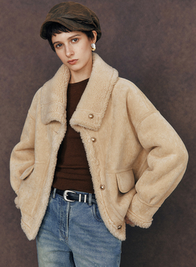 【两面穿】1OO%羊毛 宽松显瘦翻领落肩皮毛一体皮草夹克外套