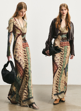 区别市场版1OO%真丝 复古中古风深V收腰桑蚕丝印花连衣裙度假长裙