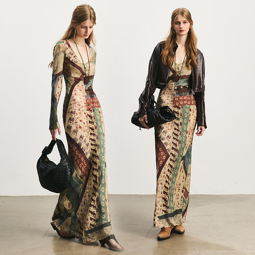 气质显瘦中古风真丝长裙