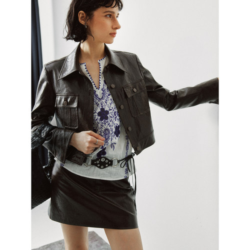 箱型PU皮夹克外套+皮革半裙套装