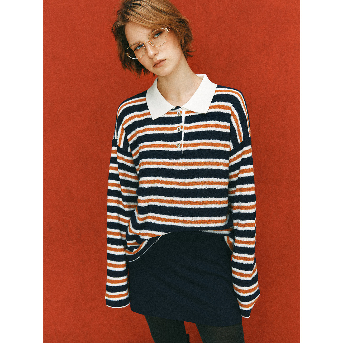 POLO领宽松落肩长袖条纹针织衫女