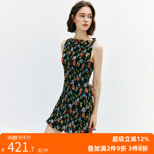 法式 1OO%苎麻 复古风重工打揽收腰碎花印花连衣裙 法兰西玫瑰