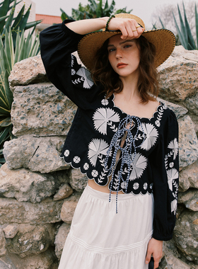 【重工定位绣花】1OO%高支数薄棉 法式波嬉风刺绣V领系带衬衫衬衣