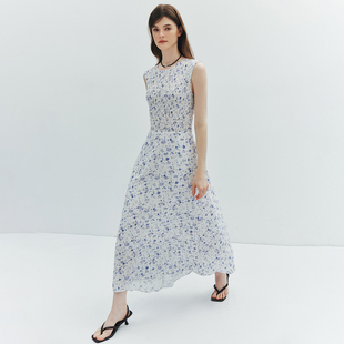 度假圆领无袖 重工打揽 花卉印花收腰碎花连衣裙 风传花信 现货