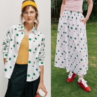 幸运BUFF叠满 衬衣 四叶草刺绣 衬衫 A字伞裙半裙套装 翻领长袖