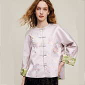 粉色新中式 现货 花罗封峡蝶 国风外套仿真丝宋锦缎面刺绣上衣女