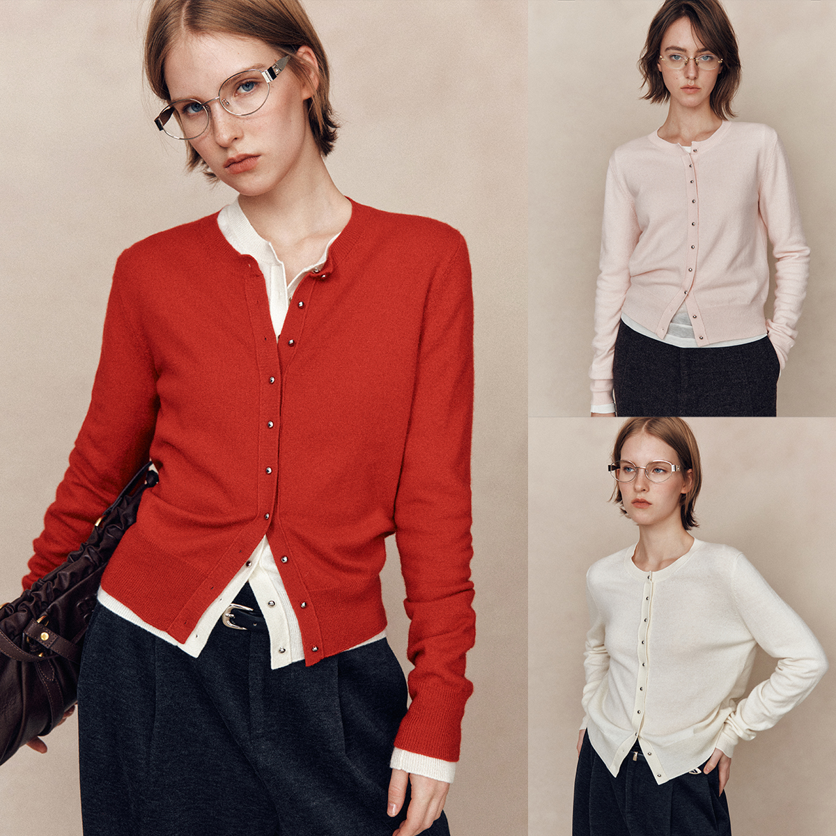 经典百搭圆领长袖金属扣针织开衫