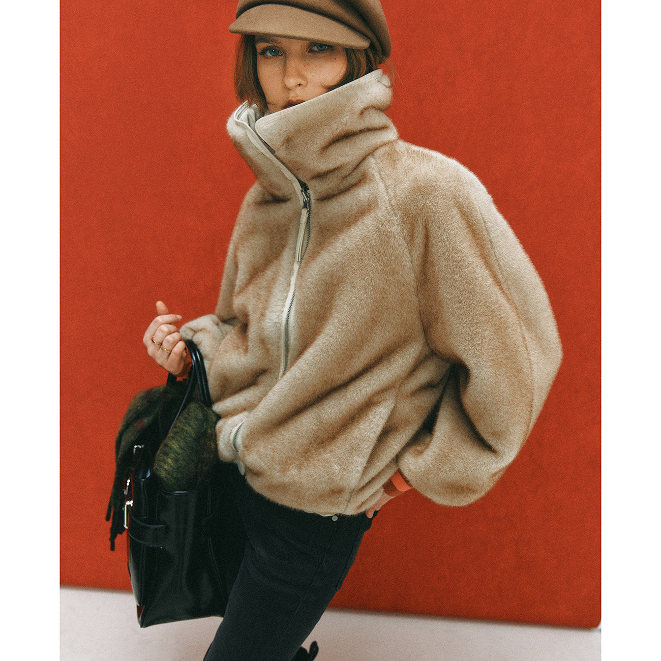 保暖翻领插肩袖座山雕皮草外套