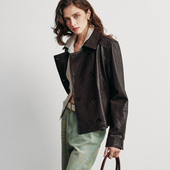 真皮皮衣夹克外套 复古翻领双排扣风衣式 低调奢华 1OO%绵羊皮