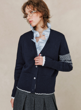 【外M订单】1OO%羊毛 学院风四道杠雪花小狗提花针织开衫毛衣