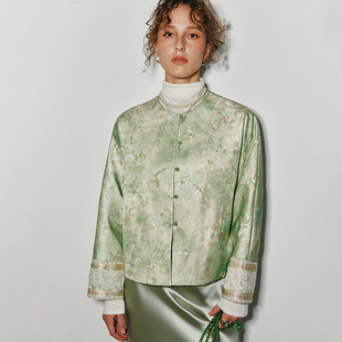 新中式 韩国进口面料 国风连身剪裁开衩珠片绣提花外套 看花回