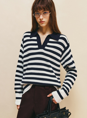 【法式松弛感】澳洲美丽诺羊毛 剪刀V领蓝白条纹针织衫套头毛衣女