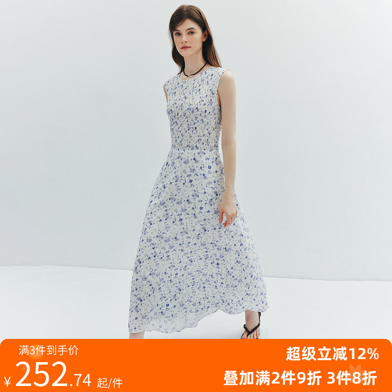 现货【风传花信】重工打揽 度假圆领无袖花卉印花收腰碎花连衣裙