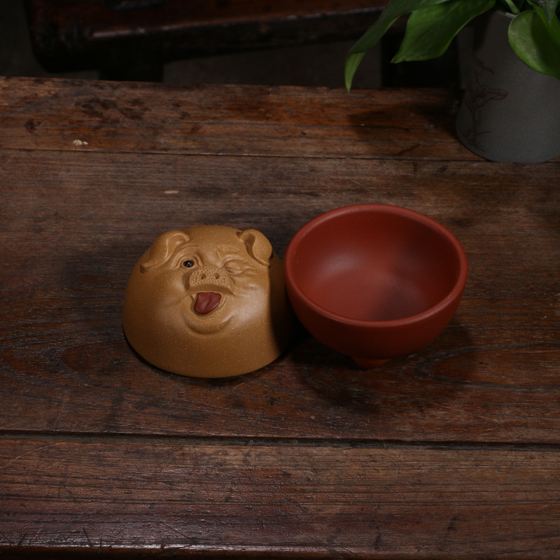 宜兴紫砂杯套壶紫砂品茗小杯子 功夫茶福气小猪茶碗茶具配件