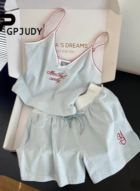 日本GP&JP纯欲风条纹印花V领吊带睡衣女夏季休闲背心短裤居家套装
