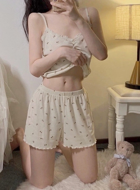 日本小众GP性感碎花吊带睡衣女夏款薄款家居服短裤纯棉可外穿套装
