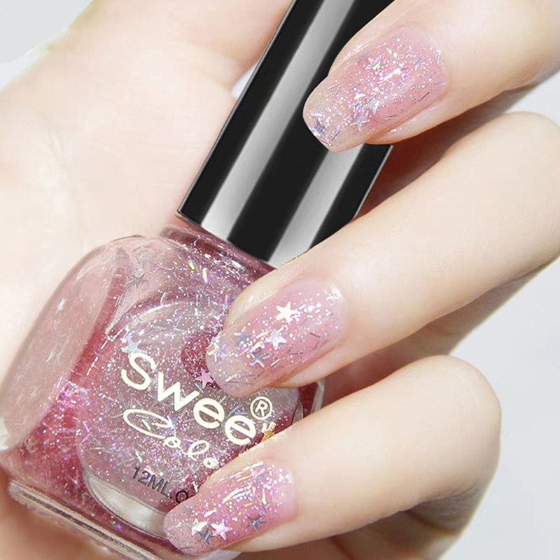 sweetcolor指甲油少女持久不可剥樱花亮片粉透明裸色环保防水快干