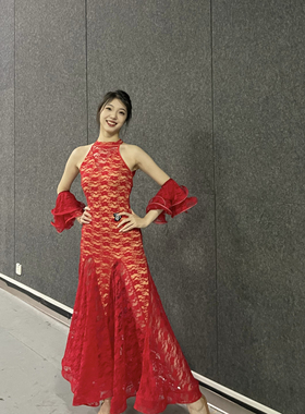 Pepe摩登蕾丝系列2024大露背连衣裙送臂花国标舞表演服团体服