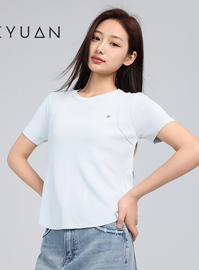 金苑圆领短袖针织女修身短款2025夏季新款弧形下摆上衣H252101