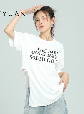 金苑短袖T恤女夏季新款开叉时尚字母印花宽松减龄潮F232120