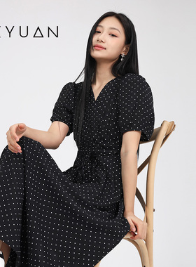 金苑波点连衣裙女夏新款V领收腰显瘦法式气质复古长裙G242176