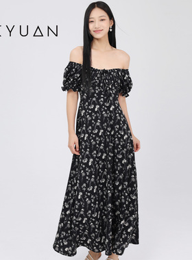 金苑法式一字肩连衣裙夏季新款碎花裙小众度假长裙G242181