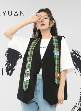 金苑马甲女秋季新款时尚设计感格子领带单排扣上衣女I223102