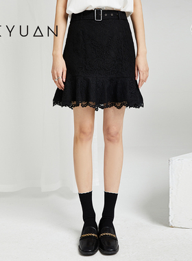 金苑裙子女夏季新款时尚气质花瓣碎花黑色蕾丝半身裙B222112