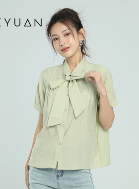金苑雪纺衬衫女夏季新款时尚系带圆领法式短袖上衣A232120