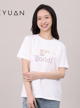 金苑短袖t恤女2024夏季简约休闲百搭白色印花圆领上衣F242102