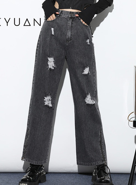 金苑裤子女秋季新款宽松时尚阔腿裤休闲破洞牛仔长裤C223115