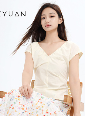 金苑短袖t恤女夏季2025新款无袖V领褶皱设计法式甜美上衣A252131