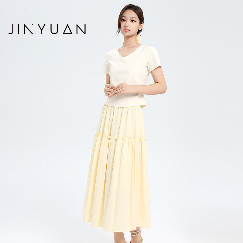 金苑2025夏季新品温柔风木耳边两件套半身裙女V领短袖T恤G252153,女装/女士精品,时尚套装,淘宝优惠券,粉丝福利购,淘宝优惠卷