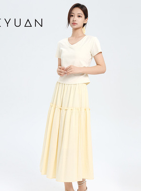 金苑2025夏季新品温柔风木耳边两件套半身裙女V领短袖T恤G252153
