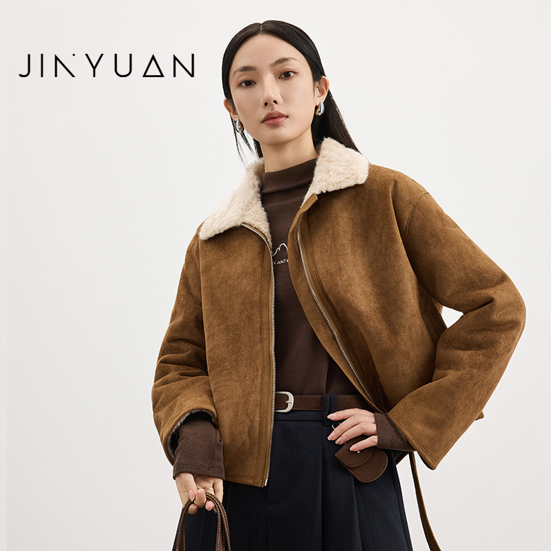 金苑麂皮绒短外套2025年冬季新款拼接羊羔绒翻领设计复古D255125,女装/女士精品,短外套,淘宝优惠券,粉丝福利购,淘宝优惠卷
