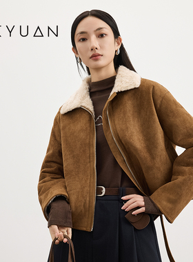 金苑麂皮绒短外套2025年冬季新款拼接羊羔绒翻领设计复古D255125
