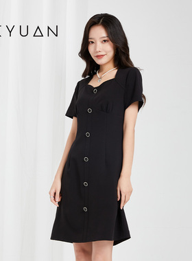 金苑黑色短袖连衣裙女夏季新款v领简约纽扣时尚气质G222115