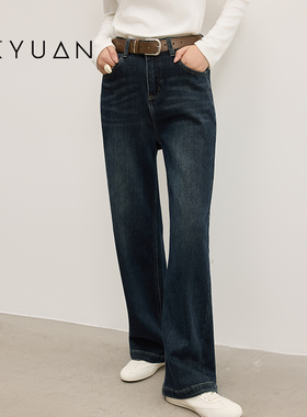 金苑直筒牛仔裤女秋冬高腰宽松梨形身材小个子垂感阔腿裤C255125