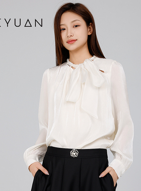 金苑2025春季新款蝴蝶结长袖雪纺衫女通勤洋气小衫衬衣A251111