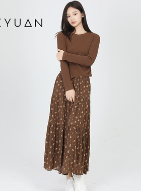金苑早秋套装新款不规则长袖针织衫碎花半身中长裙两件套G243101