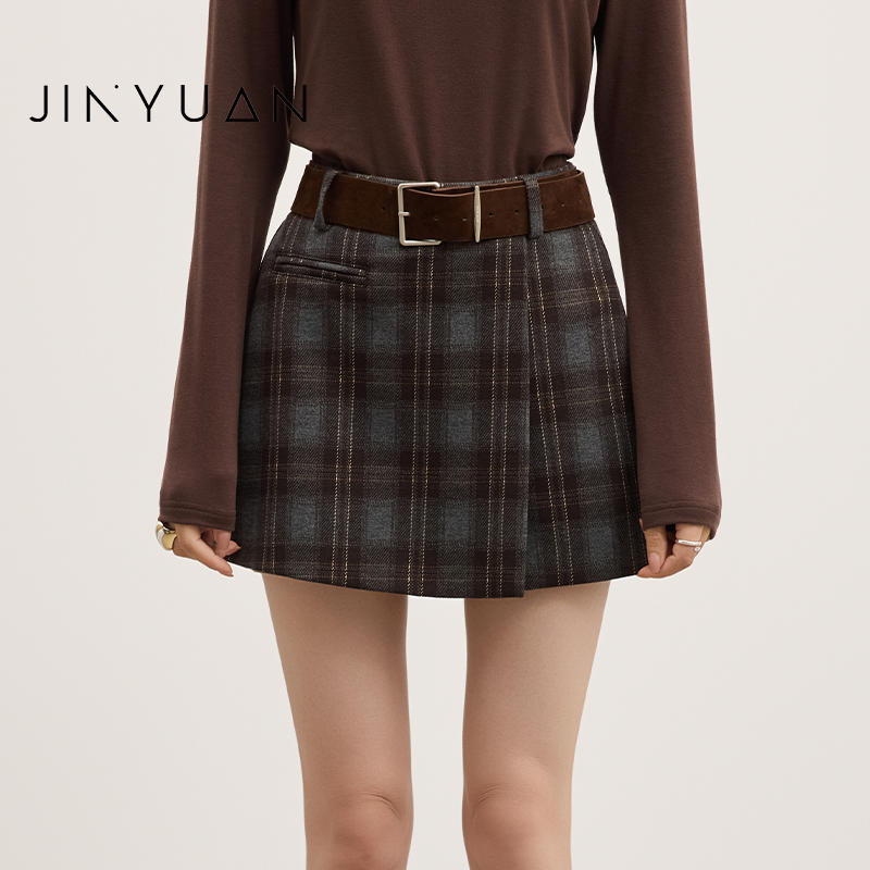 金苑复古格纹毛呢裙裤女秋冬2025新款小个子高腰a字短裤C255116